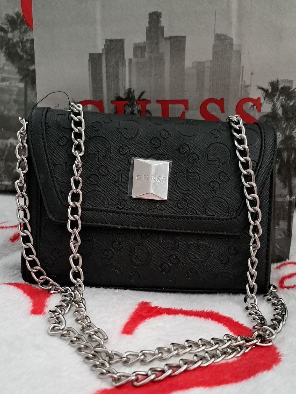 GUESS Black Embossed Logo Chain Crossbody